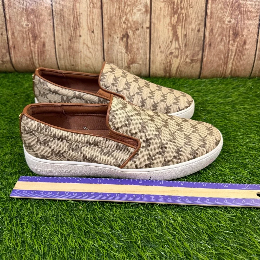Michael Kors Keaton Slip On Sneakers Womens Size 8 Brown Logo Monogram Casual